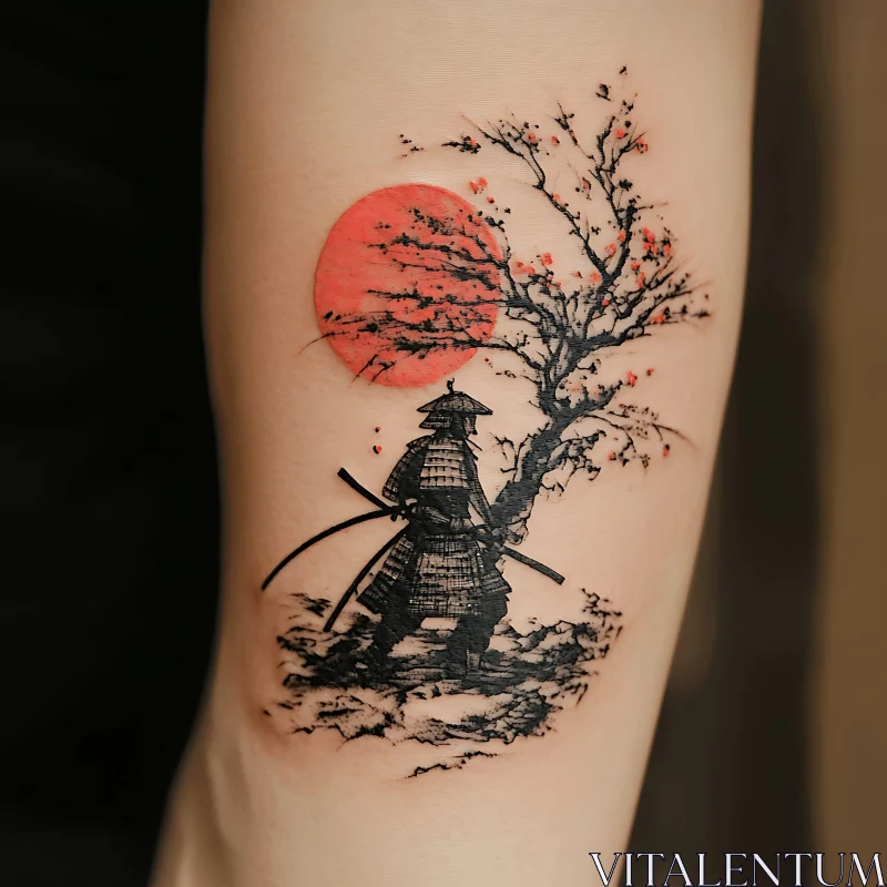 Elegant Samurai Tattoo with Blossoms and Sun AI Image