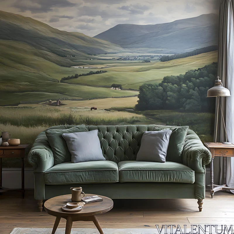 AI ART Green Sofa in Front of Landscape Painting