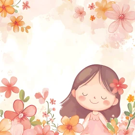 Cartoon Girl with Floral Frame