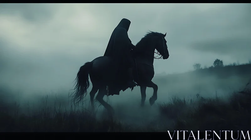 Mysterious Horseman in Foggy Field AI Image