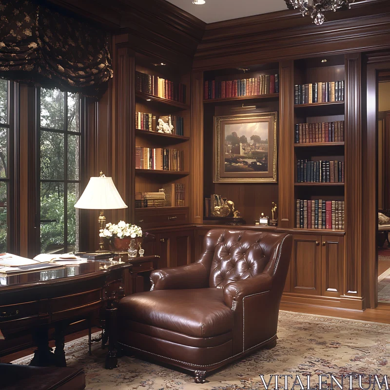 Classic Library Room with Books and Armchair AI Image