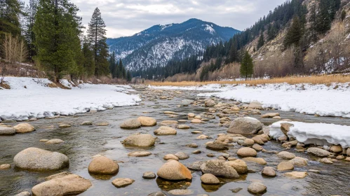 Serene Winter River with Snow and Mountains