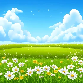 Floral Meadow with Daisies and Blue Sky