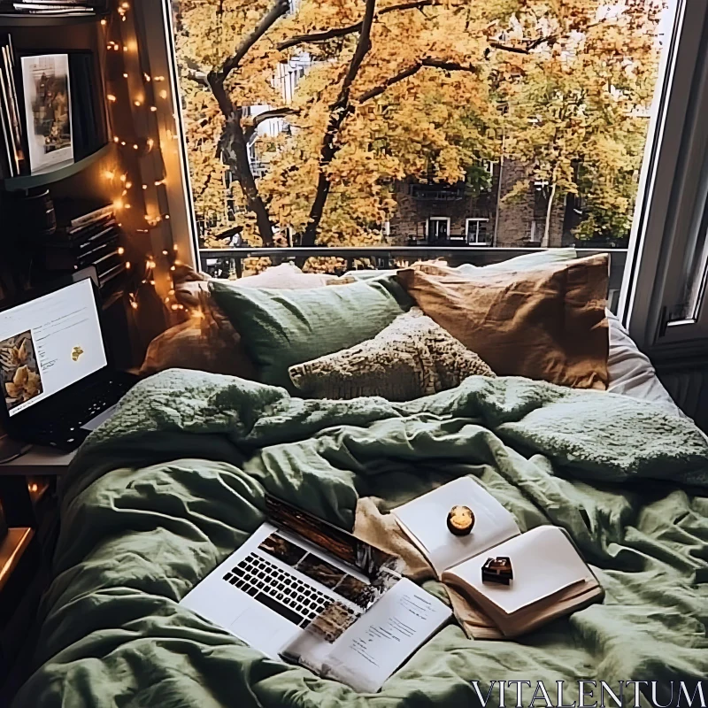 AI ART Cozy Bedroom with Autumnal View