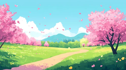 Pink Blossom Trees in a Green Meadow