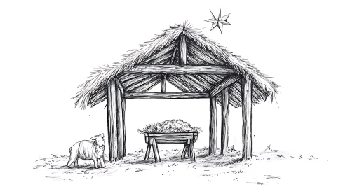 Black and White Nativity Sketch with Sheep