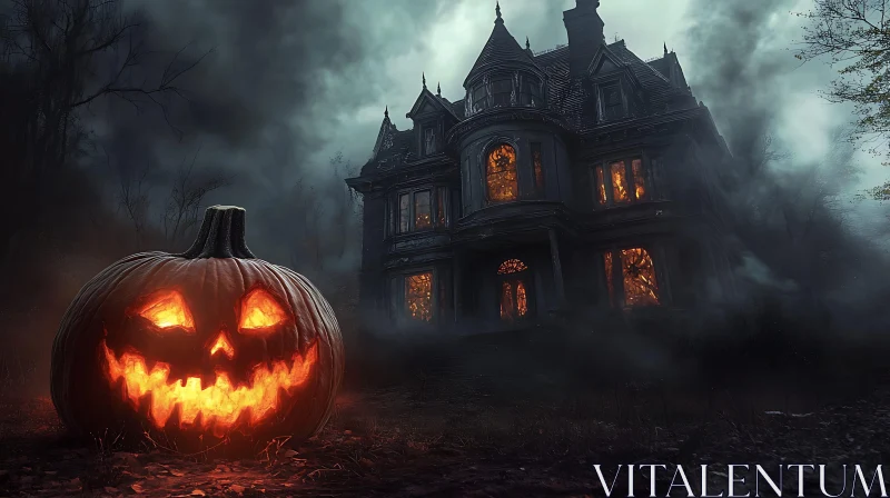 Spooky Halloween Pumpkin and Haunted House AI Image