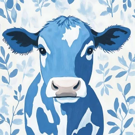 Whimsical Blue Cow in Floral Setting