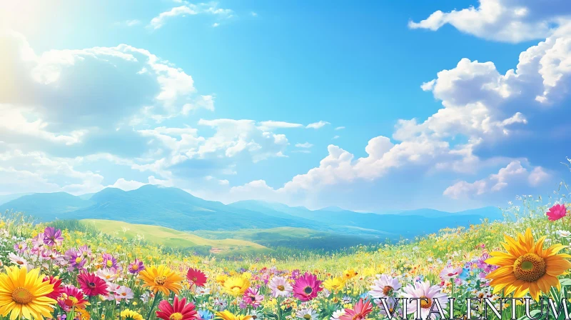 AI ART Colorful Flowers Field with Mountain View