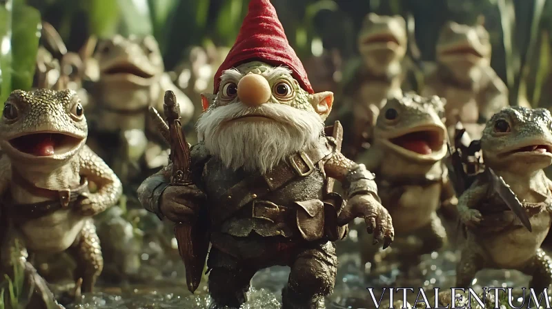 AI ART Enchanted Forest Gnome with Frog Guardians