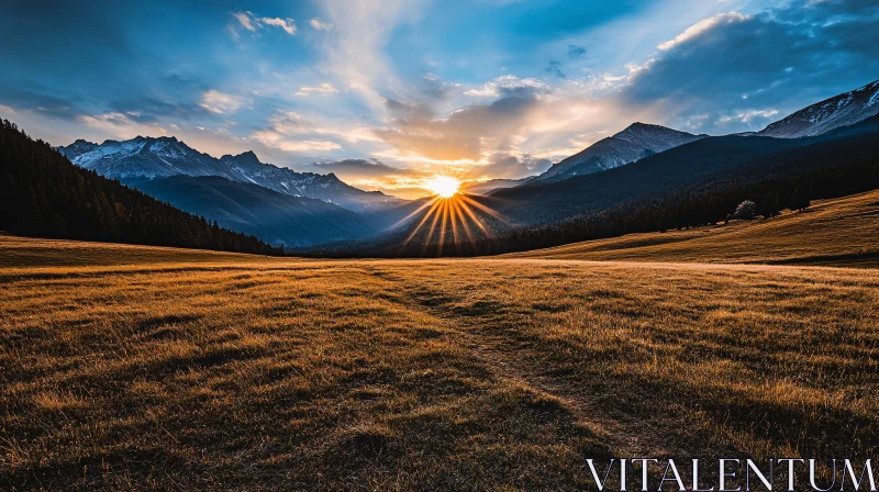 Sunlit Field and Mountain Peaks AI Image