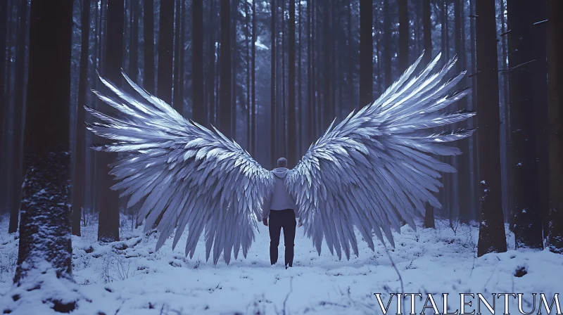 Winged Figure in Snowy Woods AI Image