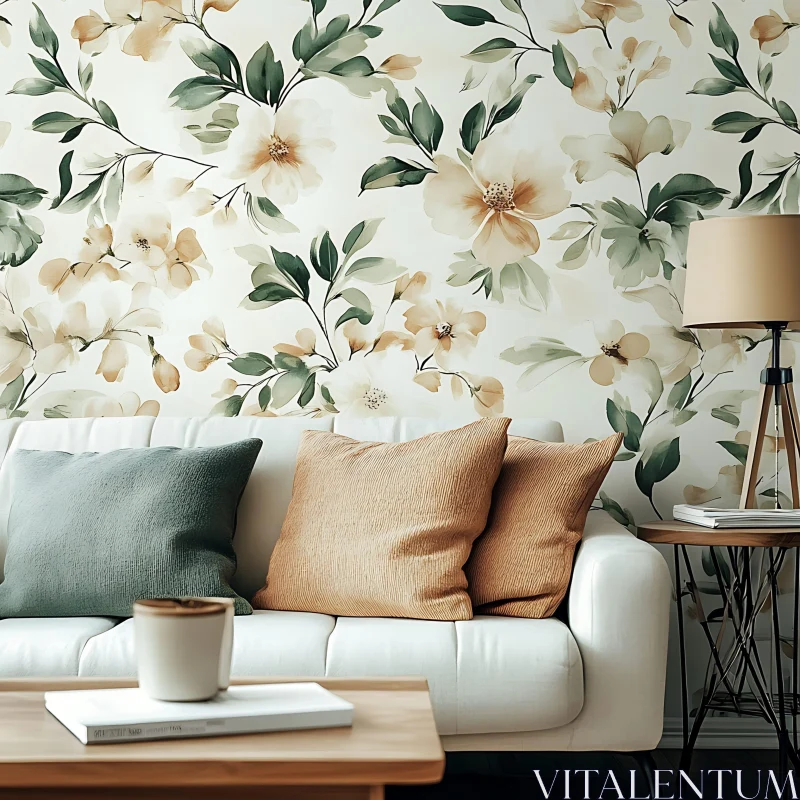 AI ART Elegant Interior with Floral Wallpaper