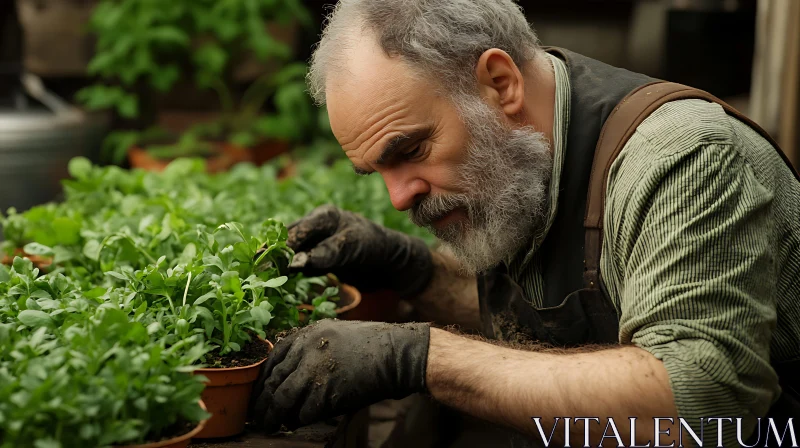 Man Planting Seedlings in Greenhouse AI Image