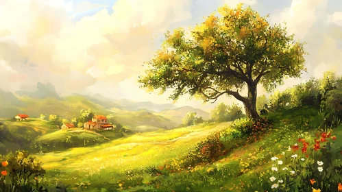 Serene Landscape Art: Houses and Meadow