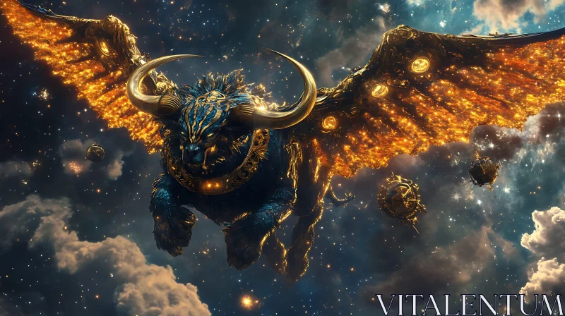 Celestial Bull with Fiery Wings AI Image