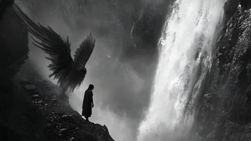 Winged Figure Near Waterfall