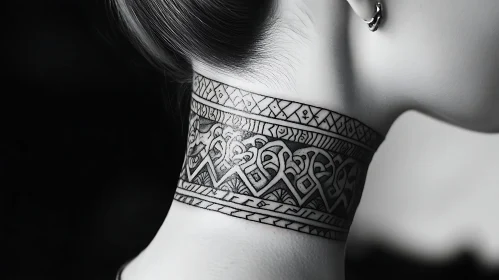 Intricate Monochrome Neck Tattoo