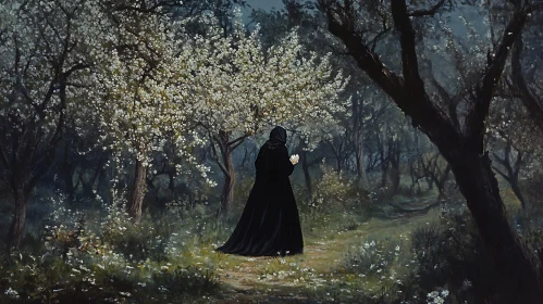 Black Robed Figure in Blossoming Woods