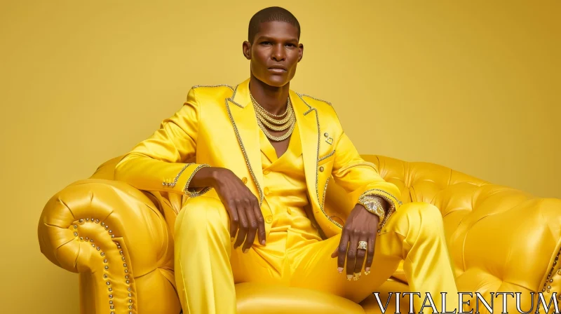 Captivating Portrait of a Stylish African-American Man in a Yellow Suit AI Image