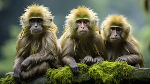 Captivating Portrait of Three Monkeys on a Mossy Rock