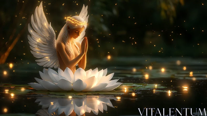 Angel in Prayer on Lotus Blossom AI Image