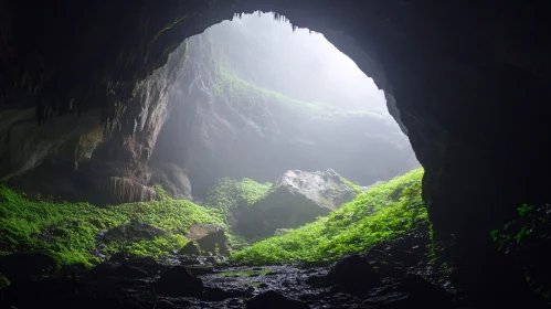 Cave Interior with Green Plants and Sunlight