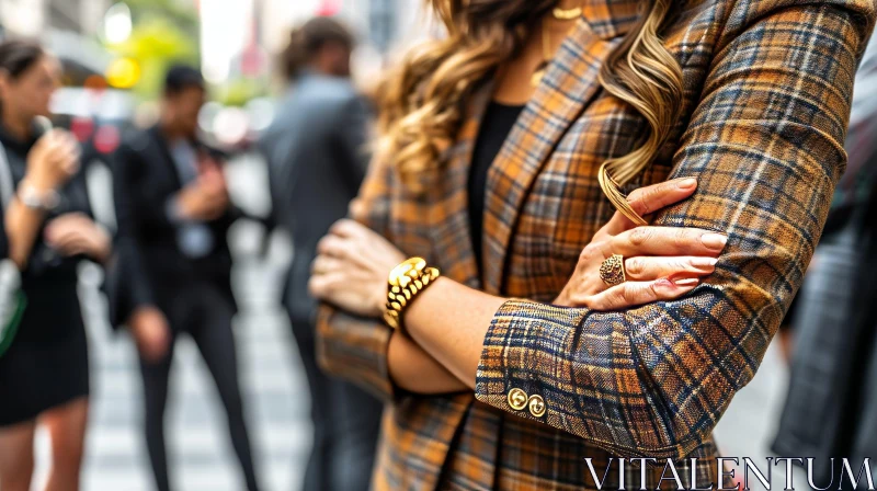 Elegant Woman in Brown Plaid Blazer with Arms Crossed AI Image