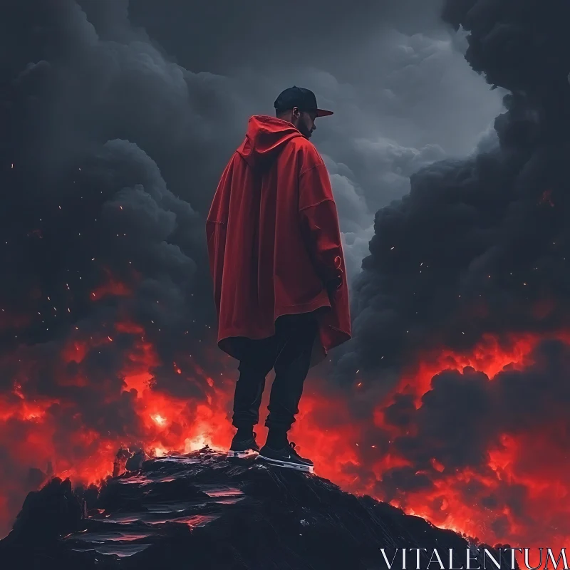 AI ART Red Hoodie Figure Amidst Fiery Landscape