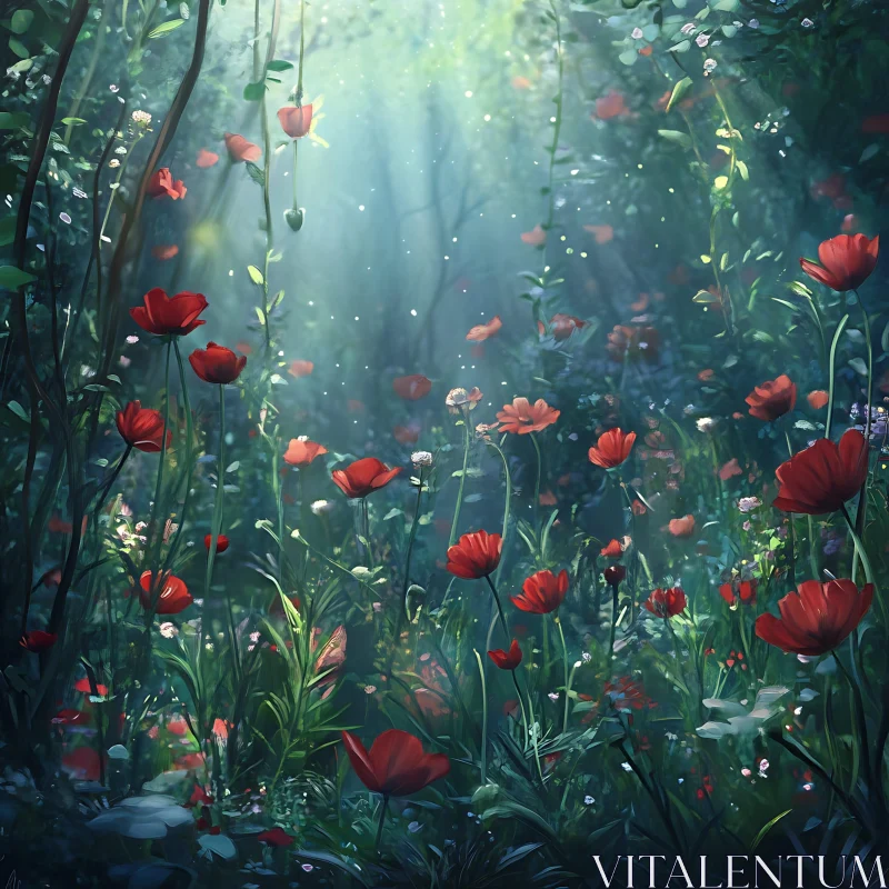 Floral Meadow in Forest with Sunlight AI Image