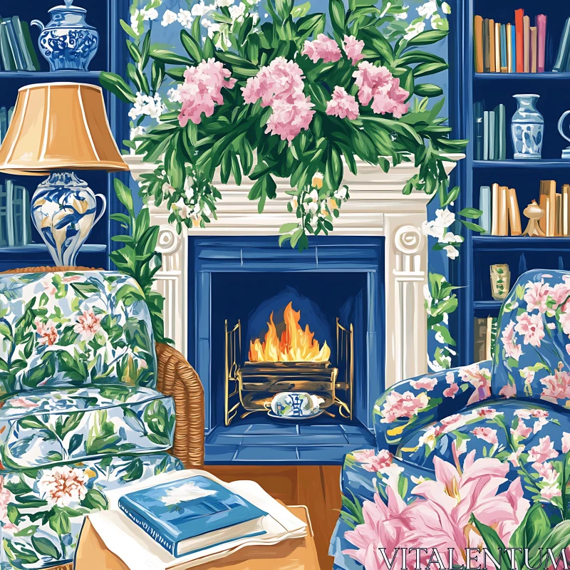 AI ART Cozy Room with Floral Armchairs Painting