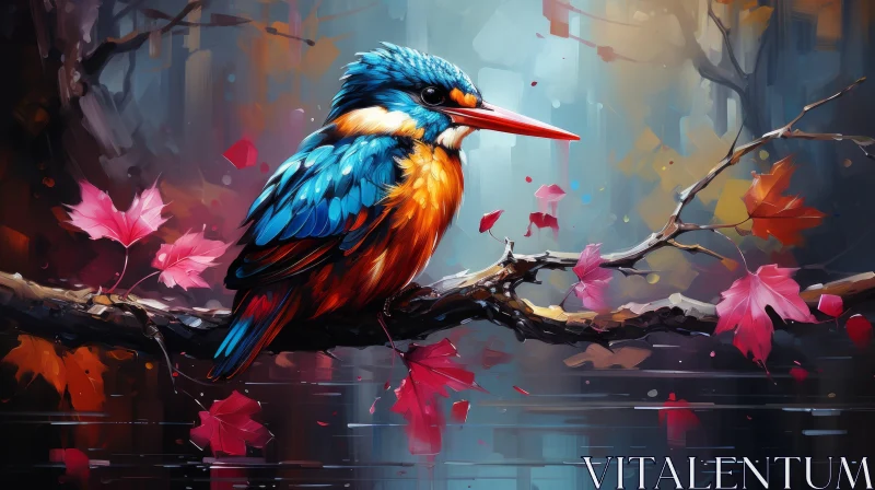 Kingfisher Amidst Autumn Foliage: A Unique Blend of Pixel Art and Graffiti AI Image