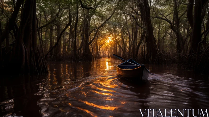 Majestic Canoes in the Enchanting Mangrove Forest at Sunset AI Image