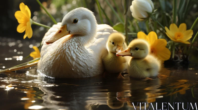 Mother Duck and Ducklings Swimming in Backlit Glow AI Image