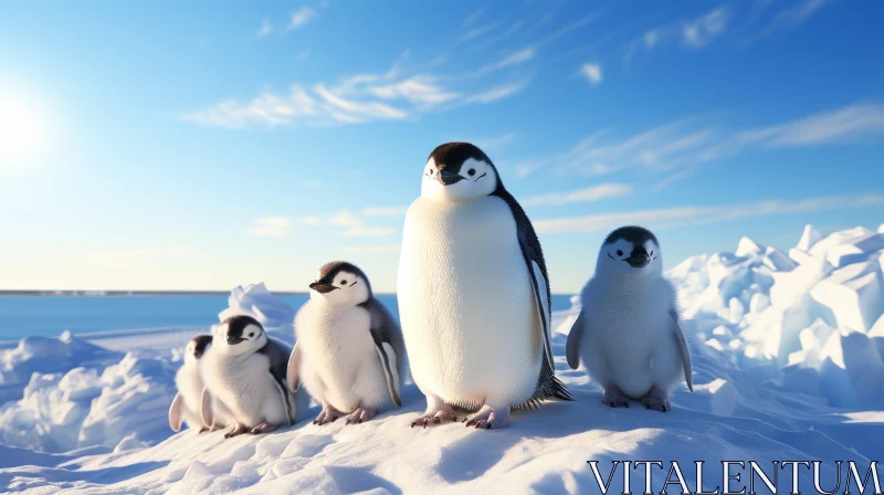 Penguin Family on a Snowy Field: A Study in Photorealistic Rendering AI Image