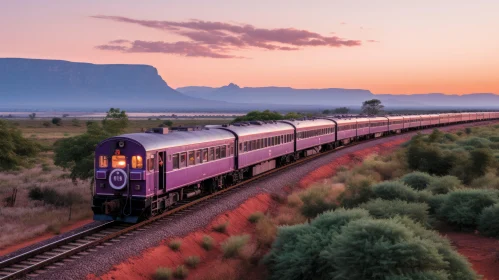 Purple Train Traveling on Tracks in Rural Area | Native Australian Motifs