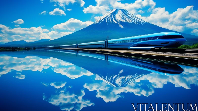 Tranquil Blue Train Reflection: Japanese-Inspired Art AI Image