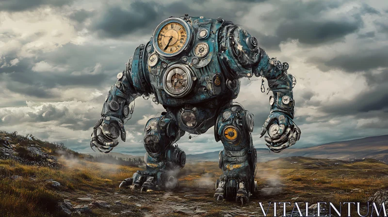 Mechanical Giant: Time-Driven Steampunk Robot AI Image