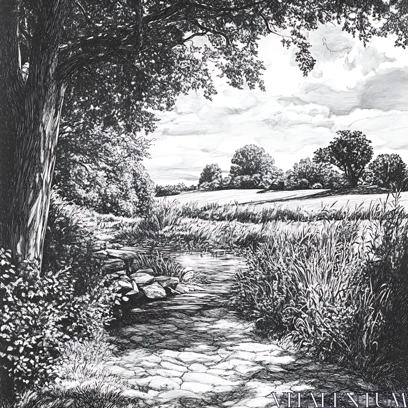 Black and White Rural Scene with Stream AI Image