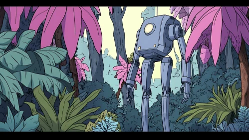 Stylized Robot Amidst Jungle Plants