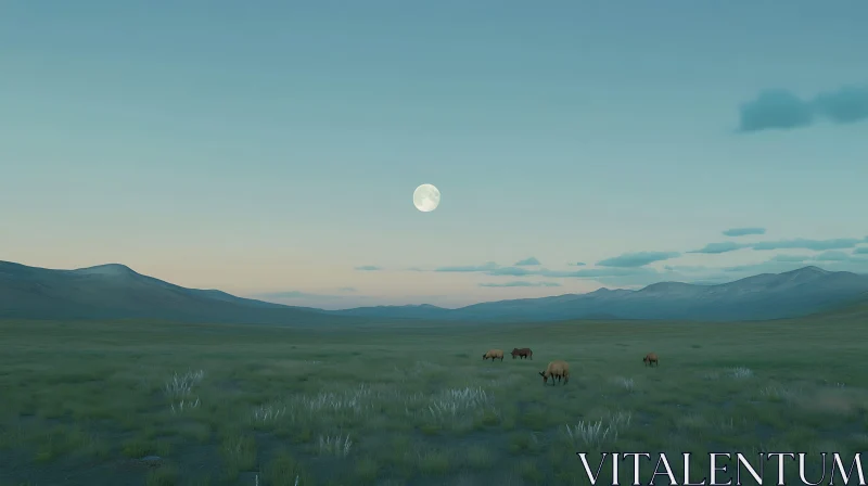 AI ART Animals in a field under moonlight