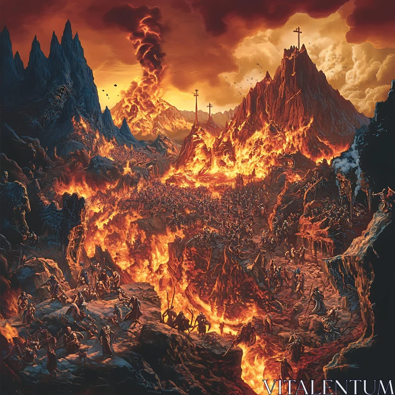 Fiery Battleground: A Hellish Landscape AI Image