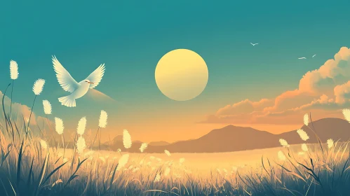 Peaceful Sunset Landscape with Flying Bird