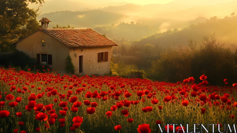 Tuscan House in Red Poppy Field AI Image