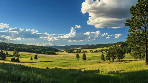 Green Meadow with Forest and Cloudy Sky