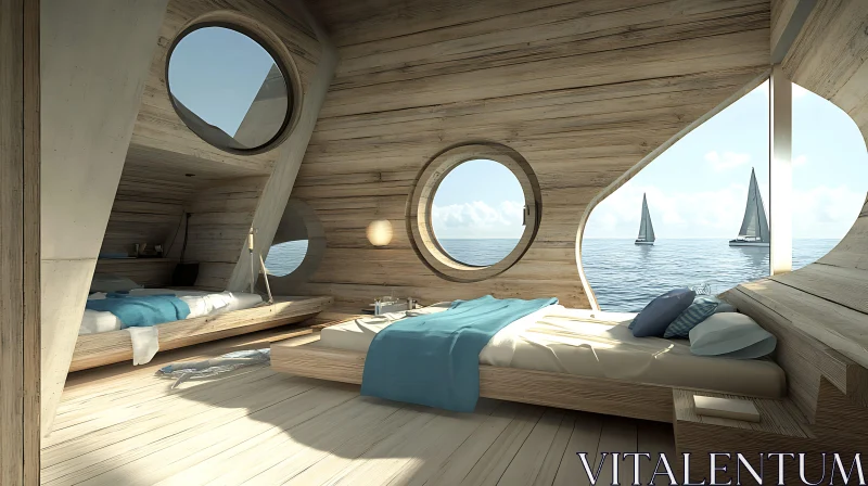 Coastal Bedroom with Sailboat View AI Image