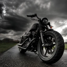 Motorcycle on Asphalt Road with Dark Clouds