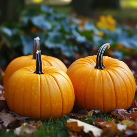 Three Orange Pumpkins on the Grass