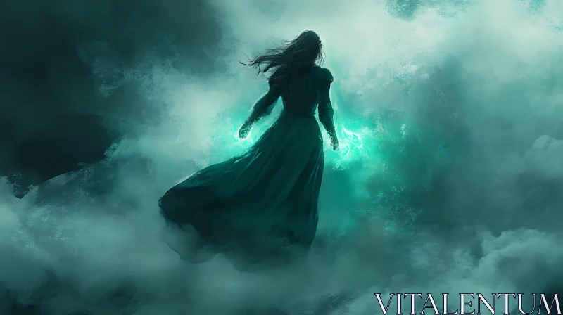 Magical Woman in a Teal Dress AI Image