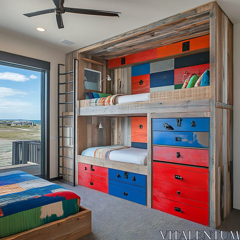 Colorful Rustic Bedroom with Bunk Bed AI Image